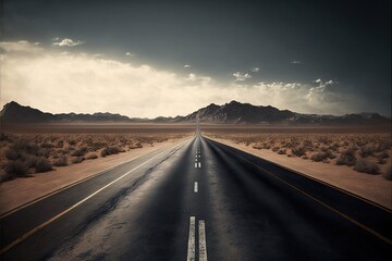 Fototapeta premium a long road with a sky background and mountains in the distance with clouds in the sky and a few cars on the road in the middle of the road, with a dark sky with a few clouds. Generative AI