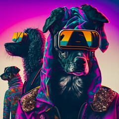 Fototapeta Abstract Funky Dogs music band illustration, fashionable, retro pop and coroful pattern, anthropomorphic animal obraz