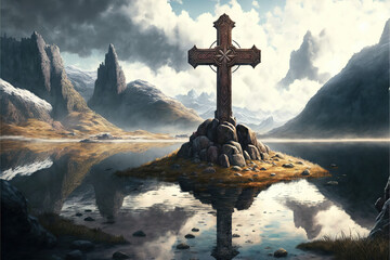 Mysterious stone cross in a lake, dnd landscape settings