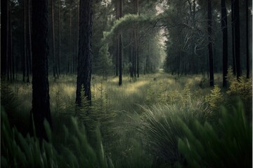 Fototapeta premium a forest with tall trees and grass in the foreground and a path through the woods in the background with a green glow on the ground and the trees and grass in the foreground. Generative AI