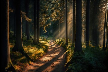 Fototapeta premium a path in the woods with sun shining through the trees and grass on the ground and on the ground, with a path in the middle of the woods with sun shining through the trees. Generative AI