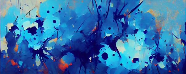 Obraz na płótnie Canvas beautiful vivid paint splatter background texture, blue color, banner, header, generative ai