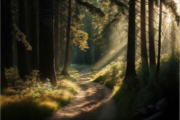  a path in the woods with sunbeams shining through the trees and grass on the ground, with a trail leading to the woods with a trail in the distance, with a trail,. Generative AI