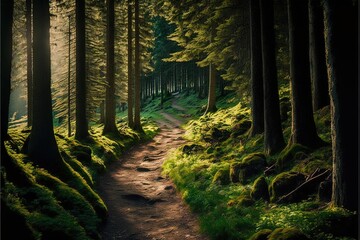  a path in the woods with trees and grass on both sides of it and a path leading to the right with a bench on the other side of the path, and a path. Generative AI