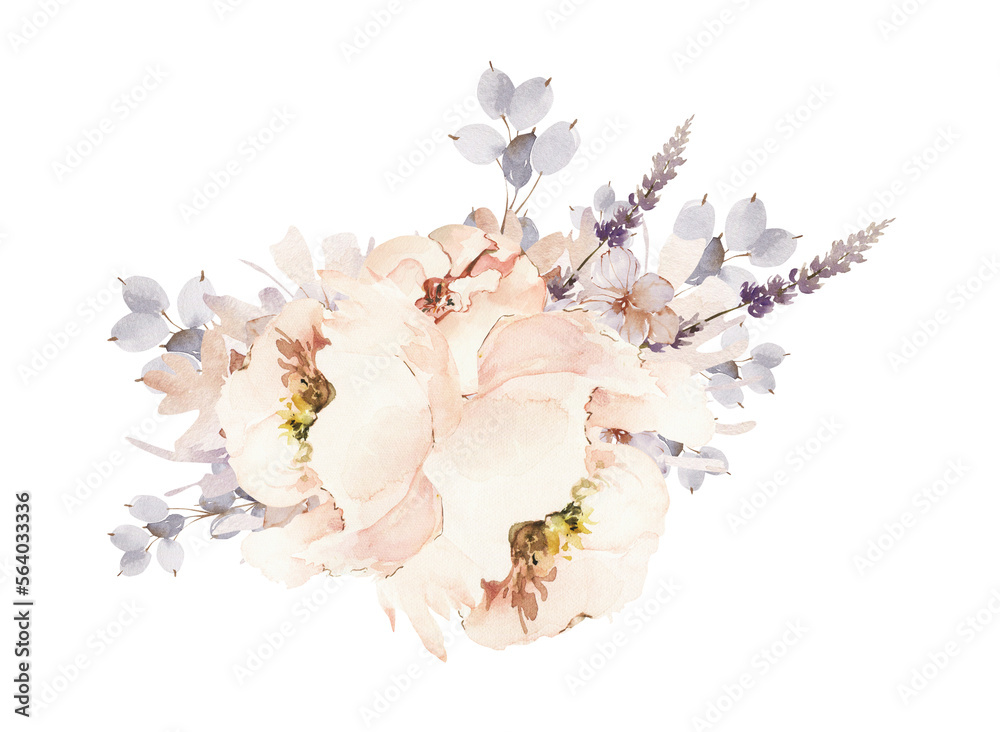 Wall mural Watercolor tender bouquet clipart. Digital wedding arrangement. Floral png illustration.