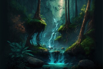  a painting of a waterfall in a forest with trees and rocks in the foreground and a stream running through the middle of the forest, with a waterfall in the foreground. Generative AI
