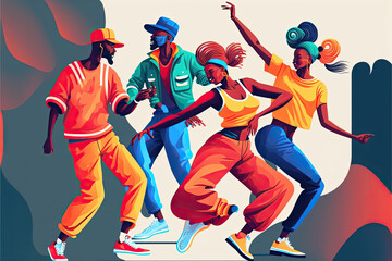 Naklejka premium Professional african street dancers in bright outfits, celebrating by dance, dancers perform energetic expressive street dance, generative ai