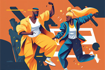 Plakat Professional african street dancers in bright outfits, celebrating by dance, Afro dancers moving in dance outdoors, having fun in the city center, generative ai