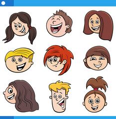 cartoon children or teenagers characters faces set