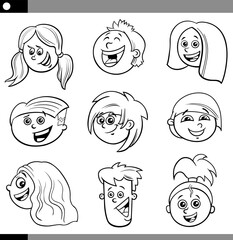 cartoon children or teenagers faces set coloring page