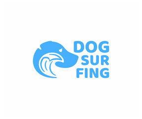 Naklejka premium Dog surfing on a wave graphic design. Dog surfing on tube wave in ocean logo design. Dog and with splashing water vector design