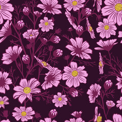 Cosmos flower seamless pattern On a dark background. Vector illustration