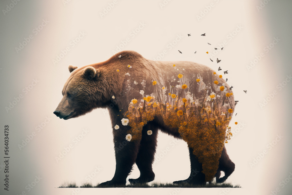 Wall mural minimal style double exposure with a bear and forest. generative ai.