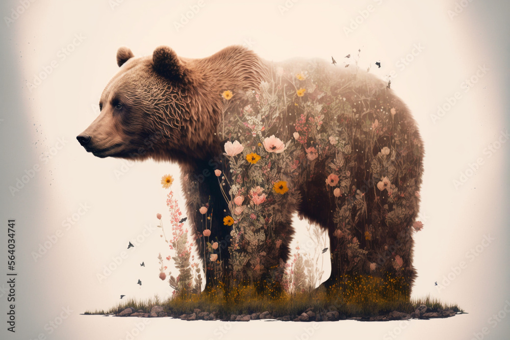 Wall mural minimal style double exposure with a bear and forest. generative ai.