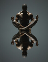 Black man, meditation and mirror reflection on dark background for spiritual wellness or symmetry....