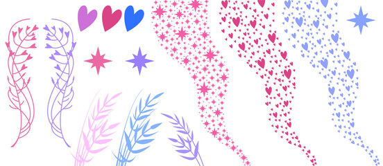 Illustrations of floral and graphic ornaments on a transparent background png. Stars, hearts, leaves. Isolated, clipart, cartoon