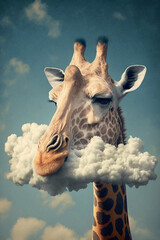 Giraffe's head above clouds, generative Ai  