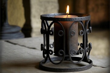 Fototapeta na wymiar a candle is lit in a wrought iron candle holder on a table in a dark room with a stone floor and a stone wall behind it, with a wrought iron frame and a candle. Generative AI