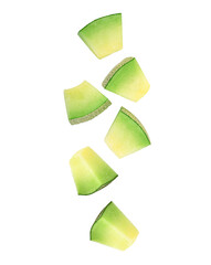 Slices of cantaloupe melon falling in the air isolated on transparent background. PNG - obrazy, fototapety, plakaty
