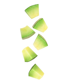 Slices of cantaloupe melon falling in the air isolated on transparent background. PNG