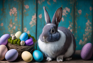 Cute springtime easter bunny with colourful easter eggs. Generative ai