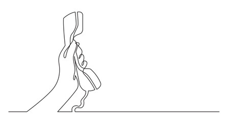 continuous line drawing vector illustration with FULLY EDITABLE STROKE of woman hand holding phone receiver to answer call with copy space