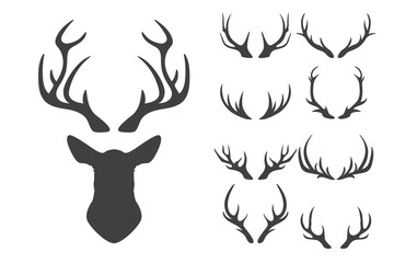 Naklejka premium Vector Reindeer Horns, Antlers. Deer Silhouettes. Hand Drawn Deers Horn, Antler, Head Set. Animal Antler Collection. Design Elements of Deer. Wildlife Hunters, Hipster, Christmas and New Year concept