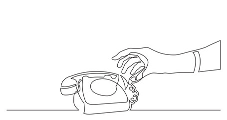 continuous line drawing vector illustration with FULLY EDITABLE STROKE of woman hand reaching phone to answer phone call with copy space