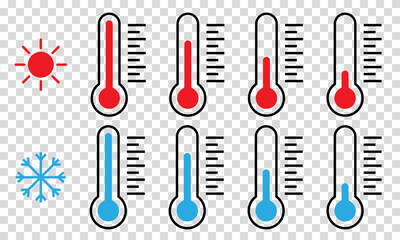 Set of thermometer symbols. Cold and hot temperature icons. Vector illustration isolated on transparent background