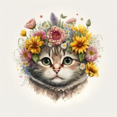 cat with flowers color art