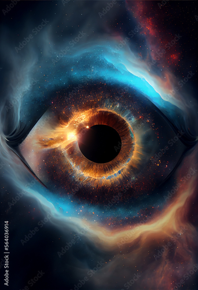 Poster Close up Abstract eye concept looking on a nebula dust in infinite space background 