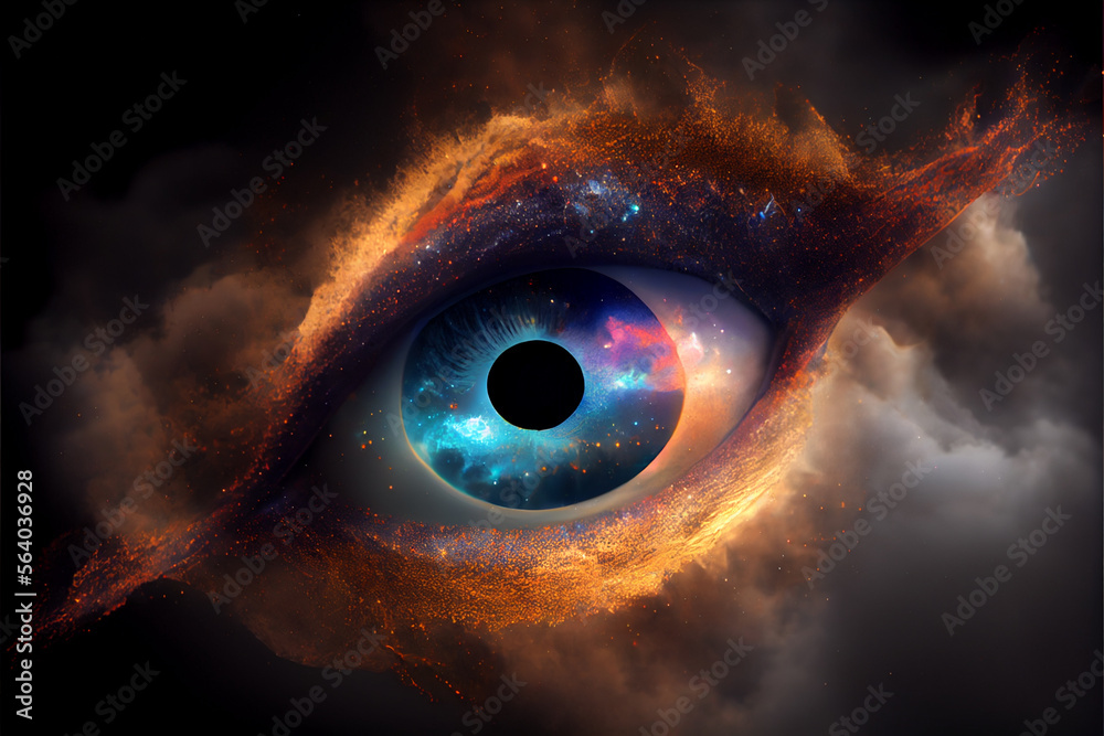 Poster Close up Abstract eye concept looking on a nebula dust in infinite space background 