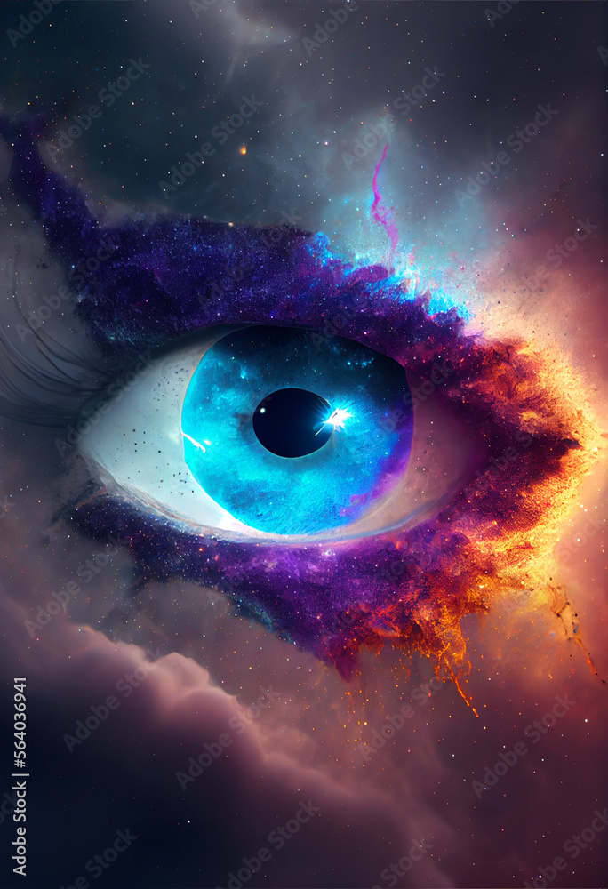 Poster Close up Abstract eye concept looking on a nebula dust in infinite space background 