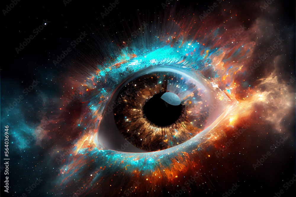 Poster Close up Abstract eye concept looking on a nebula dust in infinite space background 