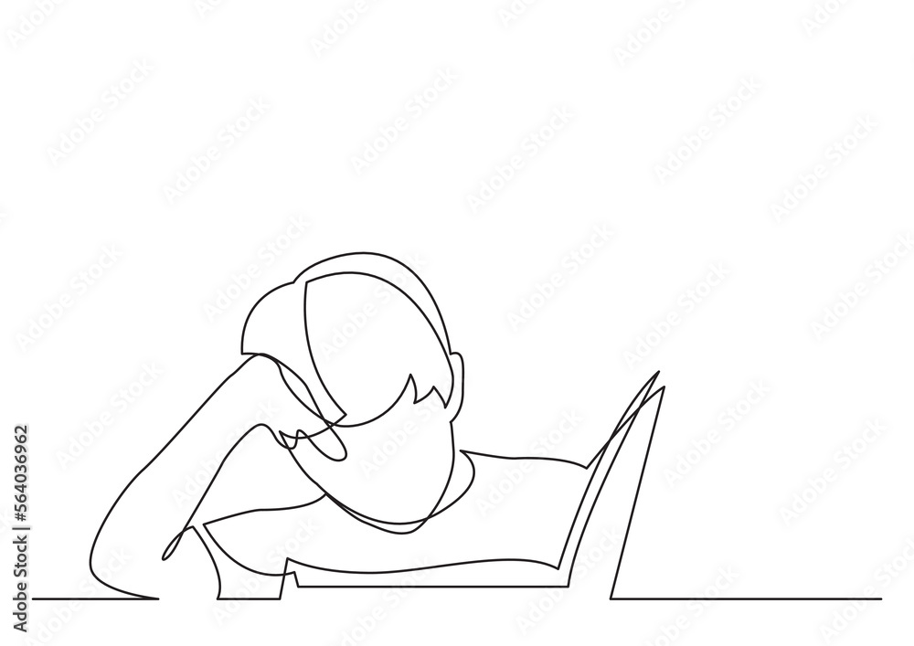 Wall mural continuous line drawing vector illustration with fully editable stroke of boy reading book