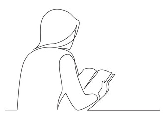 continuous line drawing vector illustration with FULLY EDITABLE STROKE of long hair young woman reading book