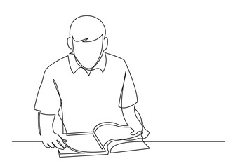 continuous line drawing vector illustration with FULLY EDITABLE STROKE of young man reading book