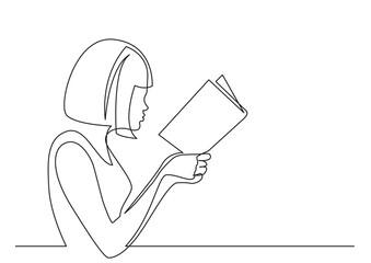 continuous line drawing vector illustration with FULLY EDITABLE STROKE of young woman reading book