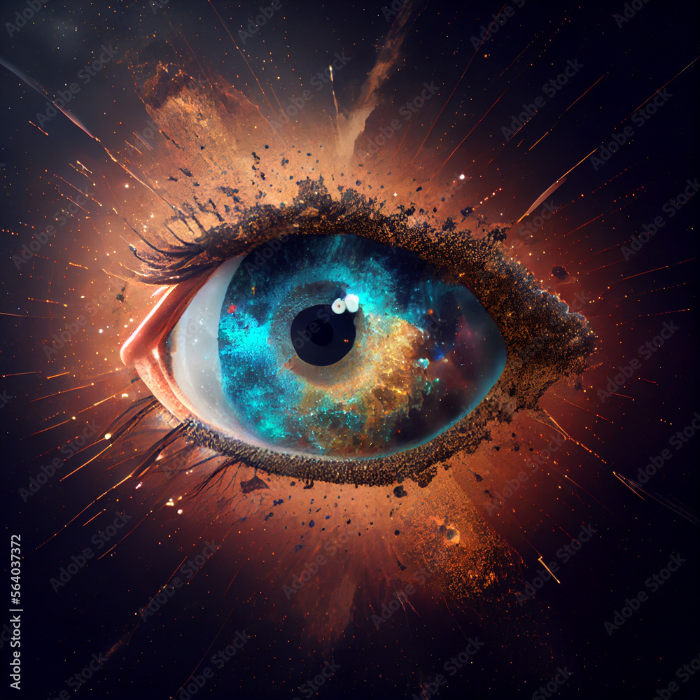 Poster Abstract eye concept looking on a nebula dust in infinite space background . Mixed media.