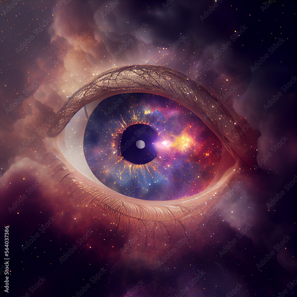 Poster Abstract eye concept looking on a nebula dust in infinite space background . Mixed media.