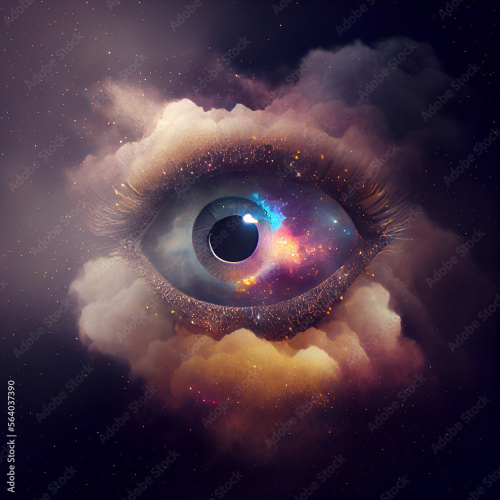 Poster Abstract eye concept looking on a nebula dust in infinite space background . Mixed media.