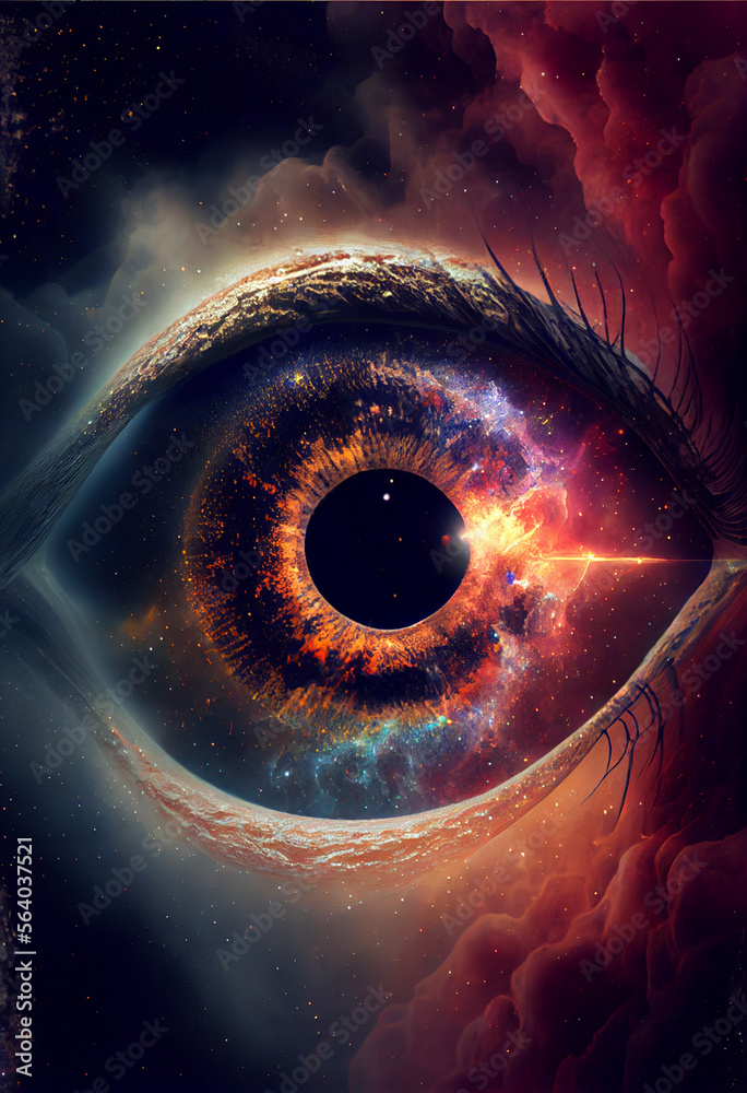 Poster Abstract eye concept looking on a nebula dust in infinite space background . Mixed media.