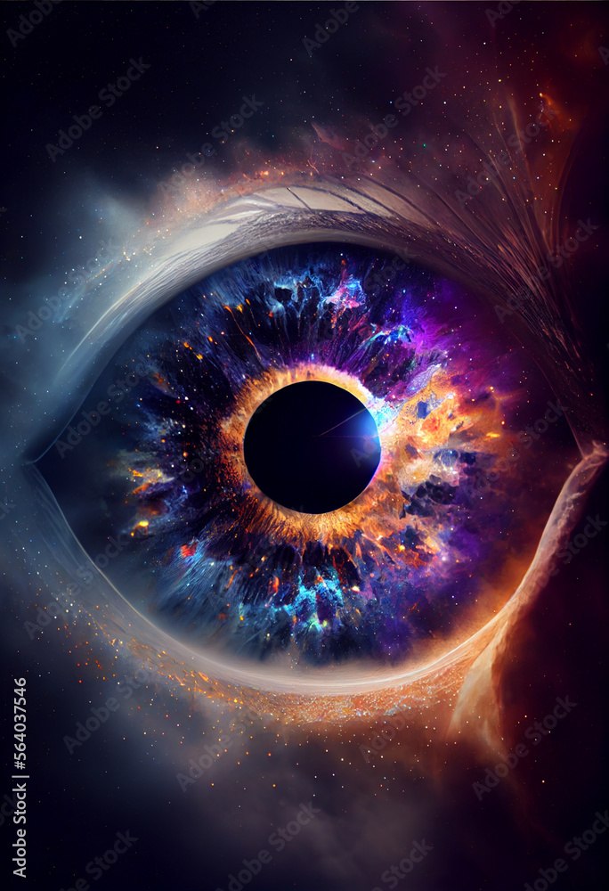 Poster Abstract eye concept looking on a nebula dust in infinite space background . Mixed media.