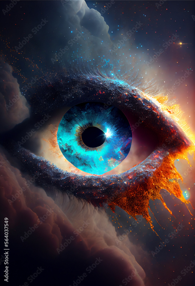 Poster Abstract eye concept looking on a nebula dust in infinite space background . Mixed media.