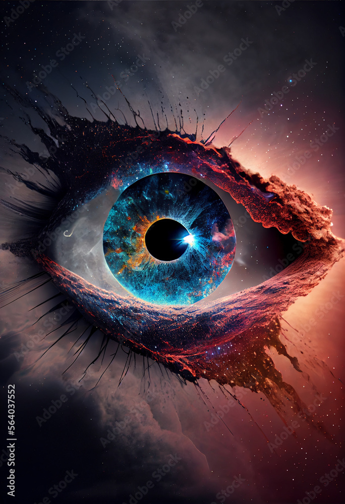 Poster Abstract eye concept looking on a nebula dust in infinite space background . Mixed media.