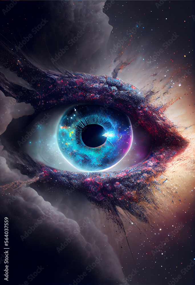 Poster Abstract eye concept looking on a nebula dust in infinite space background . Mixed media.