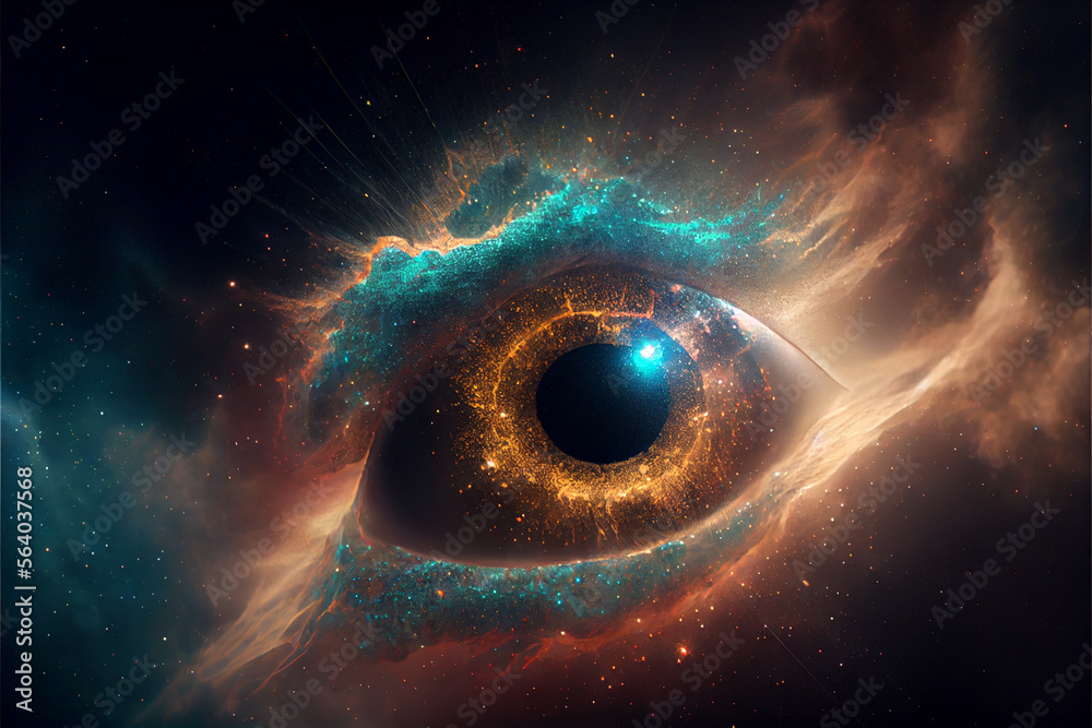 Poster Abstract eye concept looking on a nebula dust in infinite space background . Mixed media.