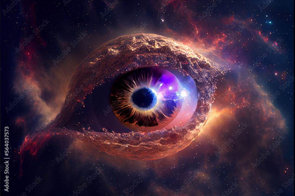 Poster Abstract eye concept looking on a nebula dust in infinite space background . Mixed media.