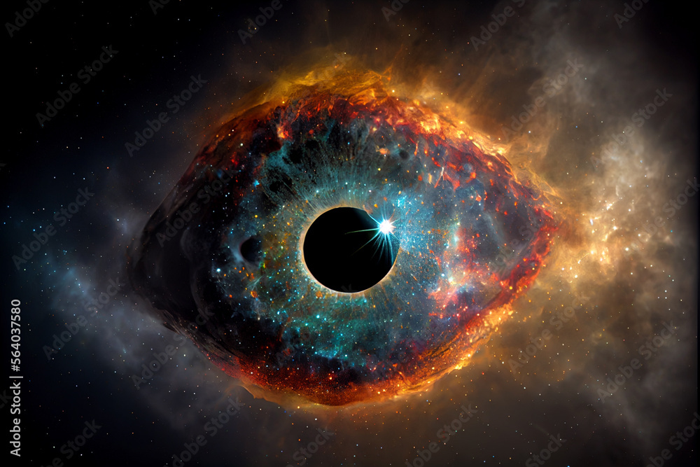 Poster Abstract eye concept looking on a nebula dust in infinite space background . Mixed media.