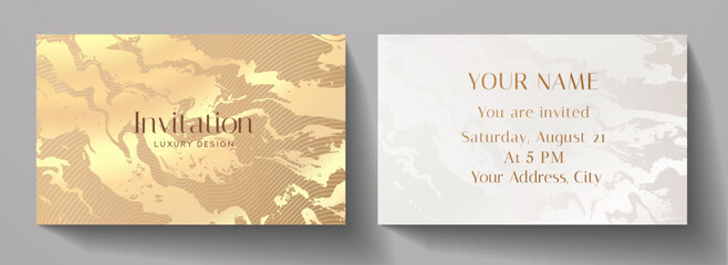 Fototapeta na wymiar Invitation card with luxury gold marble texture in white color. Formal golden premium background template for invite design, prestigious Gift card, voucher or luxe name card